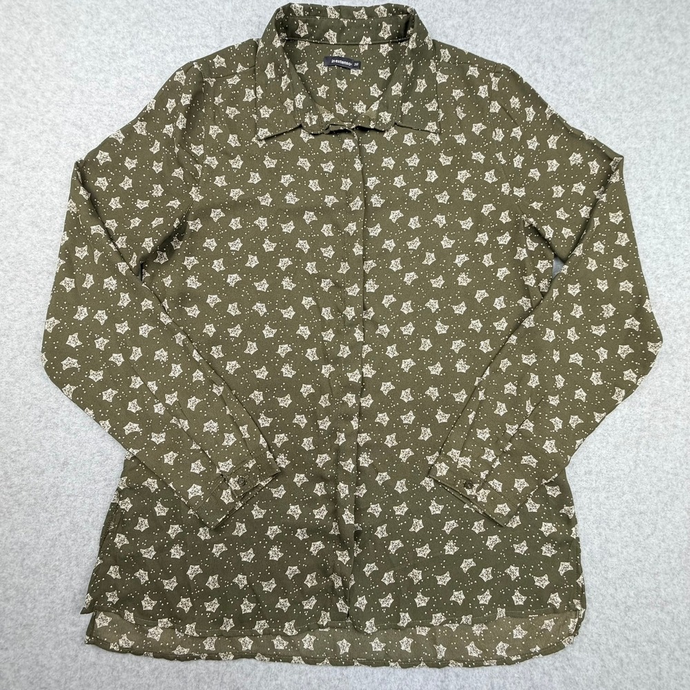 Olive Green Fox Print Button Down Shirt Blouse Women Size 6 EUR 38
